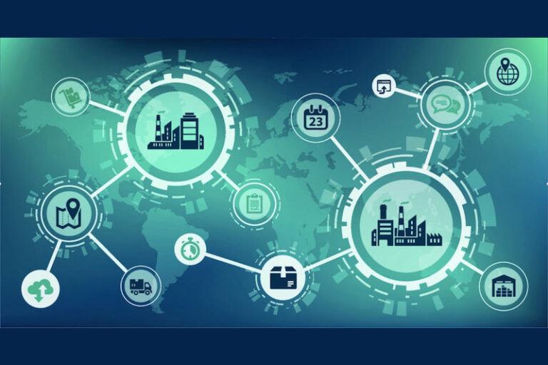 logos interconnectés (usine, échéancier, courriel, camion, boussole) pour expliciter la supply chain par l'experte supply chain responsable Katia Gutknecht